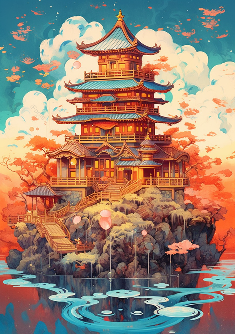 湖中央耸立的古建筑国风背景,插画/手绘图,插画/手绘图库,插画/手绘图下载,插画/手绘